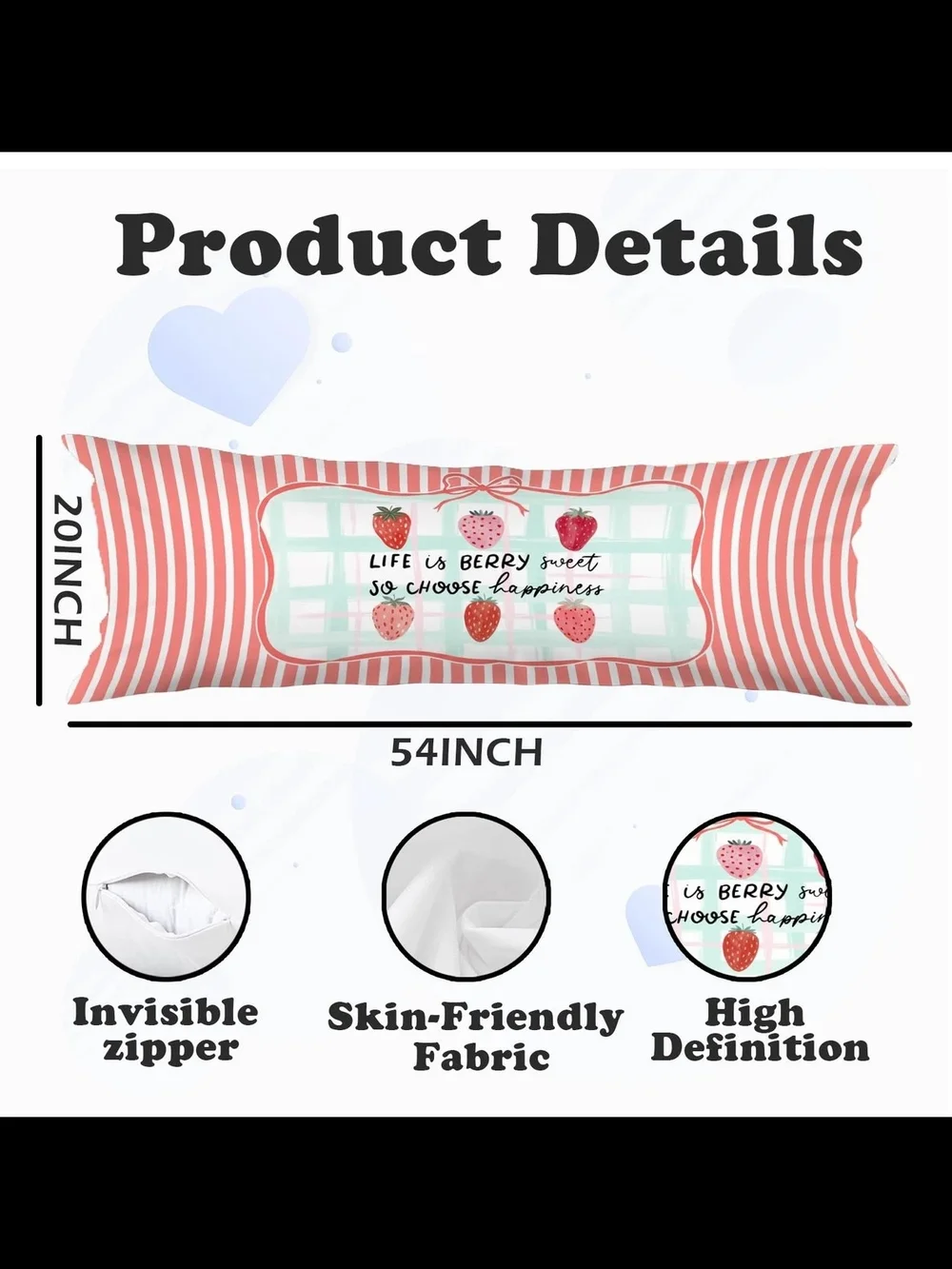 Strawberry Print Body Pillow Cover Pink Stripes Life is Berry Sweet Cottagecore
